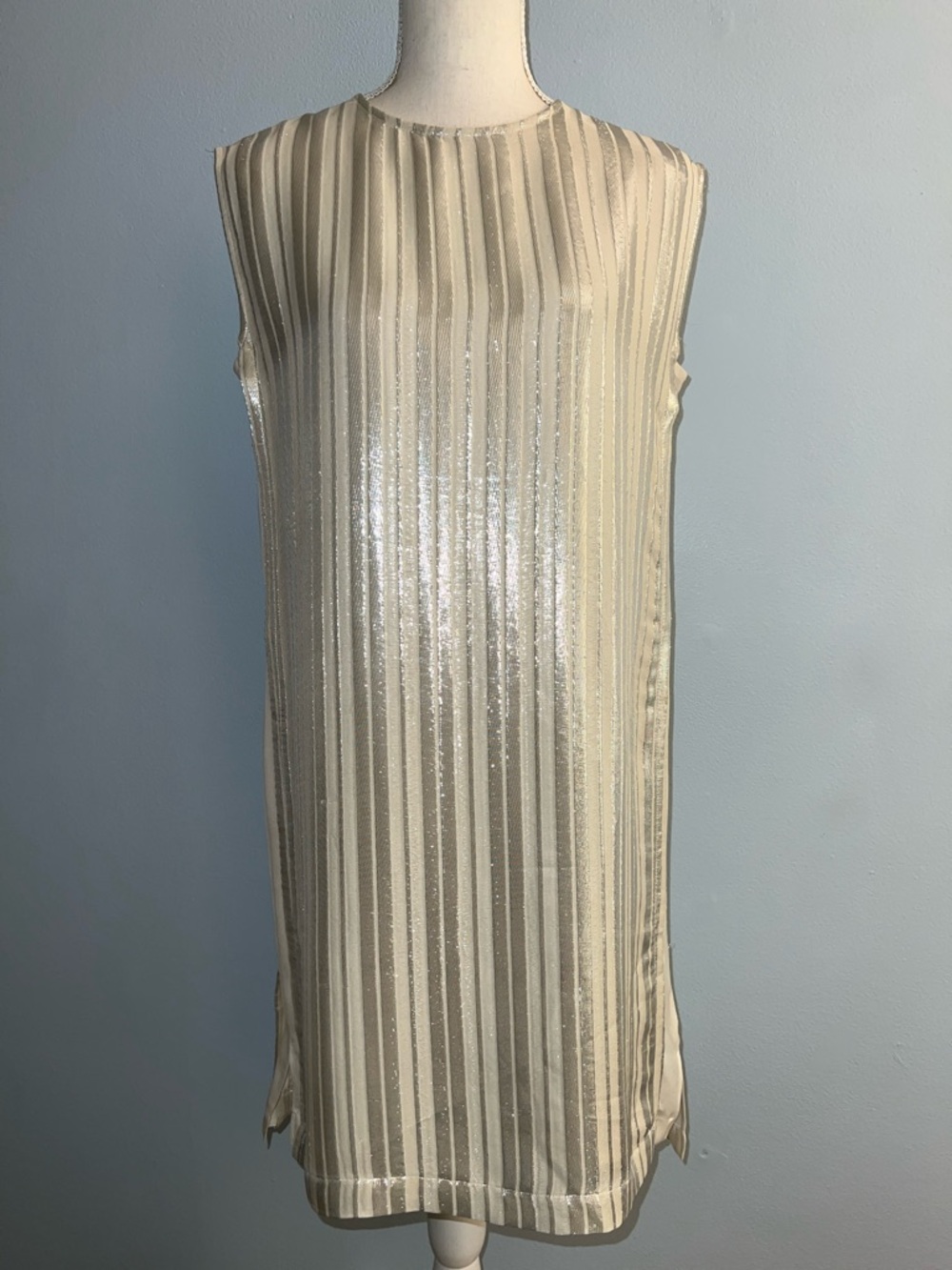 Rebecca Minkoff Ivory and Silver Metallic-Striped Shift Dress
